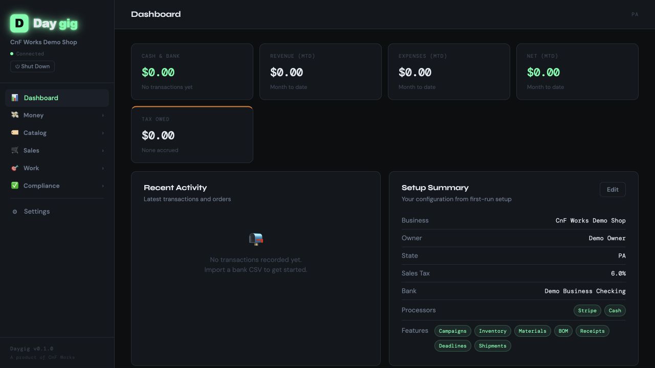 Daygig local bookkeeping dashboard running for a small shop