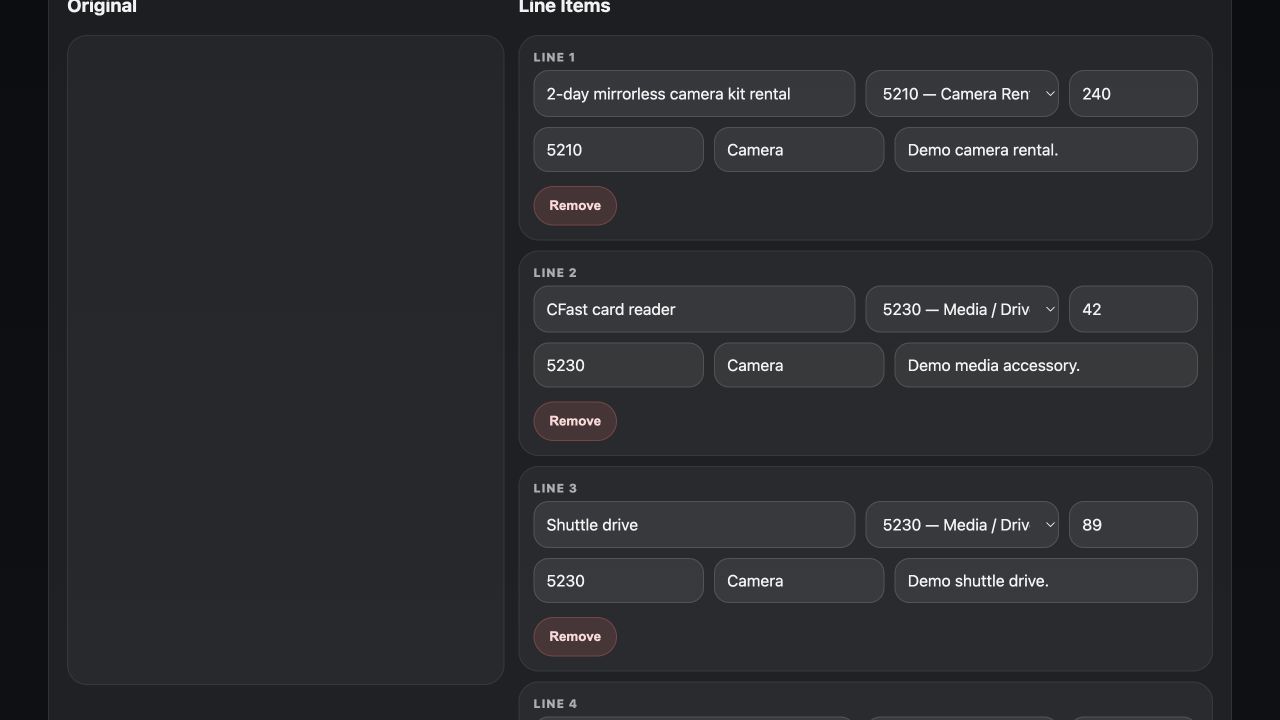 PettyLedger turning a production receipt into coded line items